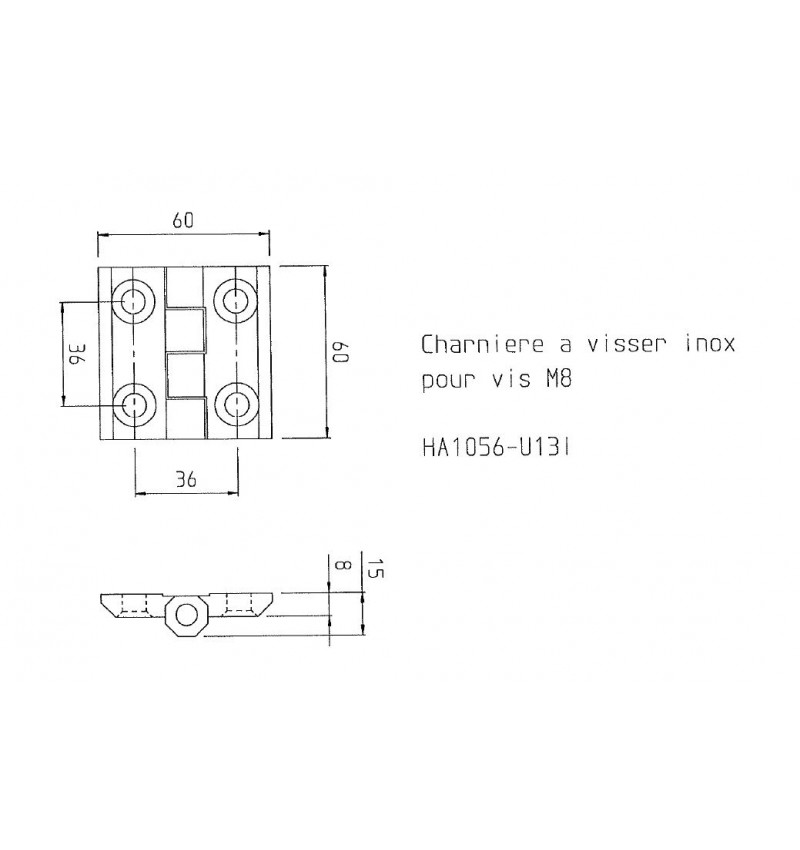 Charnière à visser inox pour vis M8 - 60X60 mm Charnière à visser inox pour vis M8 - 60X60 mm