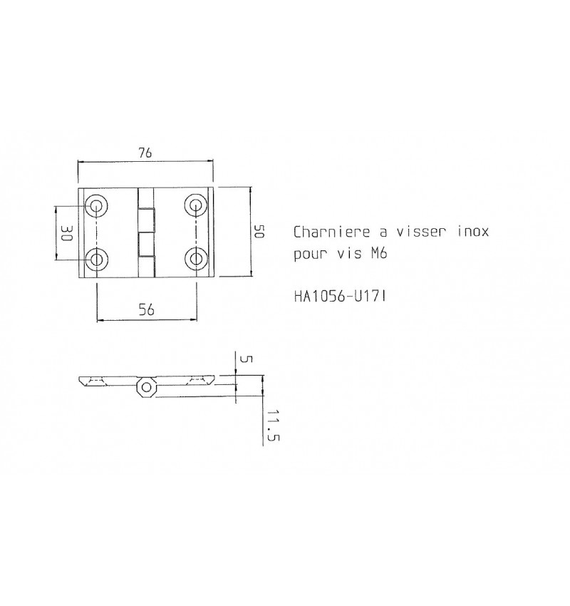 Charnière à visser inox pour vis M6 76x50 mm Charnière à visser inox pour vis M6 76x50 mm
